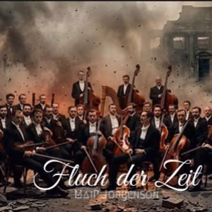Ein Orchester vor einer zerstörten Stadtkulisse. Das Cover des Songs „Fluch der Zeit“ von MaiP Jorgenson symbolisiert Krieg, Geschichte und den unaufhaltsamen Lauf der Zeit.