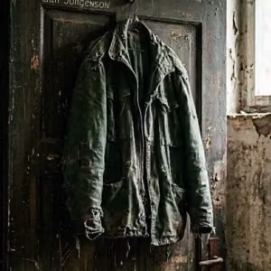 Eine alte Jacke hängt an einer verwitterten Tür. Das Cover des Songs „Die Jacke zieh ich nicht mehr an“ von MaiP Jorgenson symbolisiert Veränderungen, Erinnerungen und das Loslassen vergangener Lebensabschnitte.
