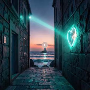 Schmale Altstadtgasse mit Blick auf das Meer bei Sonnenuntergang und leuchtendem Herz an einer Hauswand. Das Cover des Songs „Stralsund – mein Licht, mein Traum“ vermittelt Heimatverbundenheit, Ostsee und die besondere Stimmung der Hansestadt.