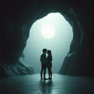 Silhouette eines Paares in einer Höhle vor hellem Licht. Das Cover des Songs „Wir kannten uns, doch sahen uns nicht fest.“ von MaiP Jorgenson und Liska erzählt von Liebe, Begegnung und dem richtigen Moment im Leben.