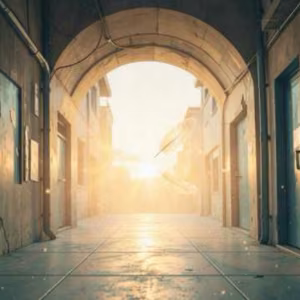 Sonnenlicht fällt durch einen historischen Torbogen in eine leere Gasse. Das Cover des Songs „Zeit zu gehen“ von MaiP Jorgenson steht für Abschied, Aufbruch und den Beginn eines neuen Lebensabschnitts.