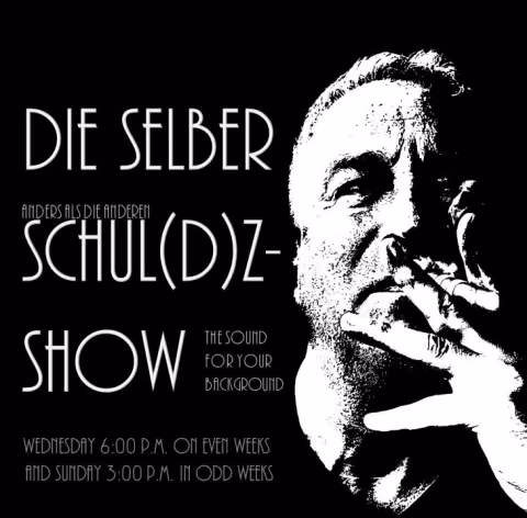 Schwarzweiß-Grafik zur „selber Schul(d)z-Show“ mit Porträt von MaiP Jorgenson. Die Radiosendung steht für Funk, Soul, Soulful House und Nu-Disco abseits des Mainstreams.